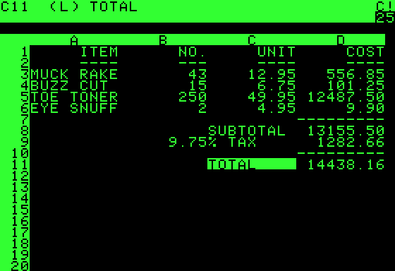 Skærmbillede af VisiCalc fra 1979, det første regneark til den personlige computer